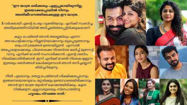 നടിയെ ആക്രമിച്ച കേസ്: നടിയുടെ പോസ്റ്റിന് പിന്തുണയുമായി സിനിമാ താരങ്ങൾ